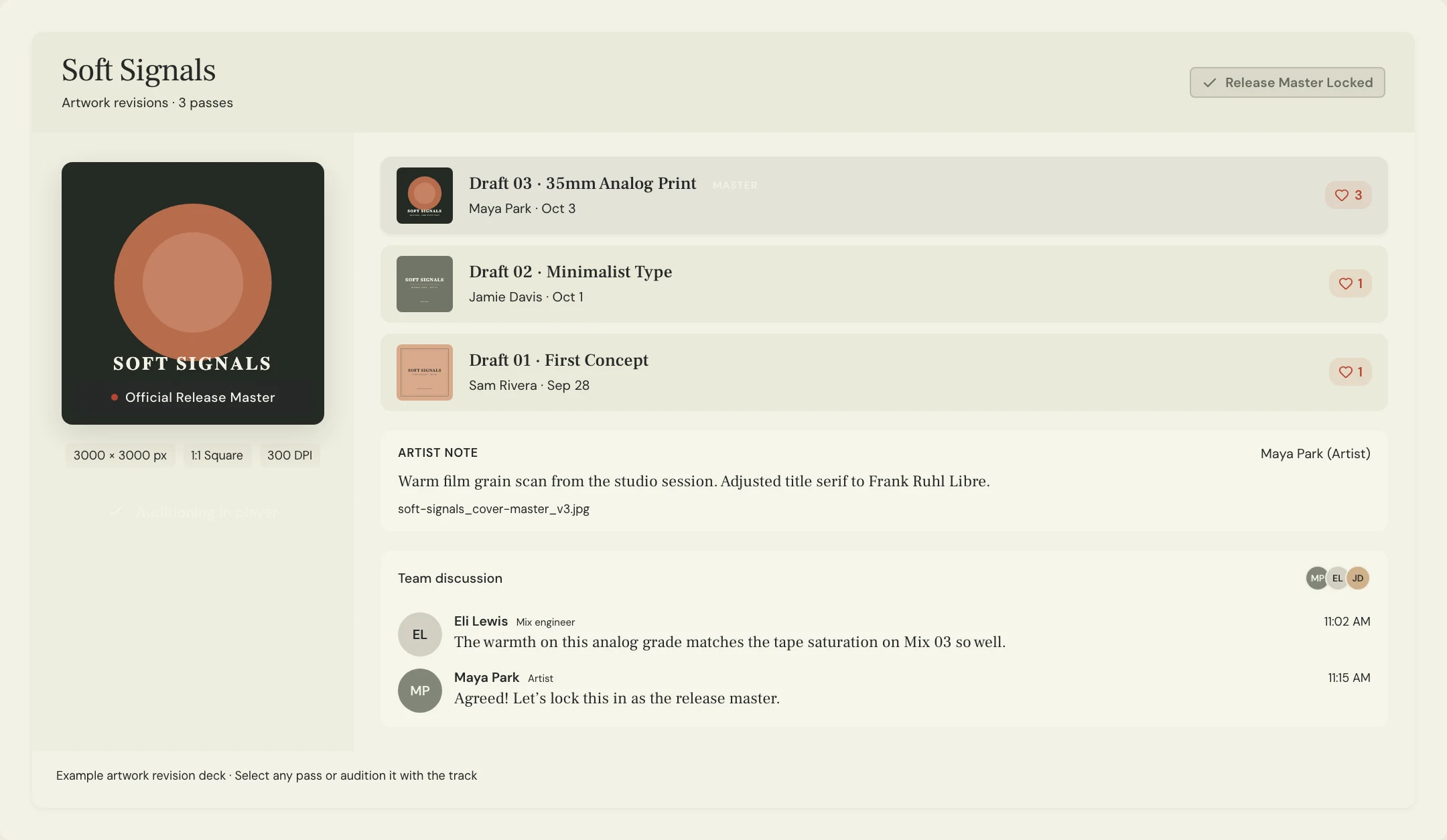 MixPass artwork preview showing a selected Soft Signals cover, earlier drafts, collaborator votes, and feedback.