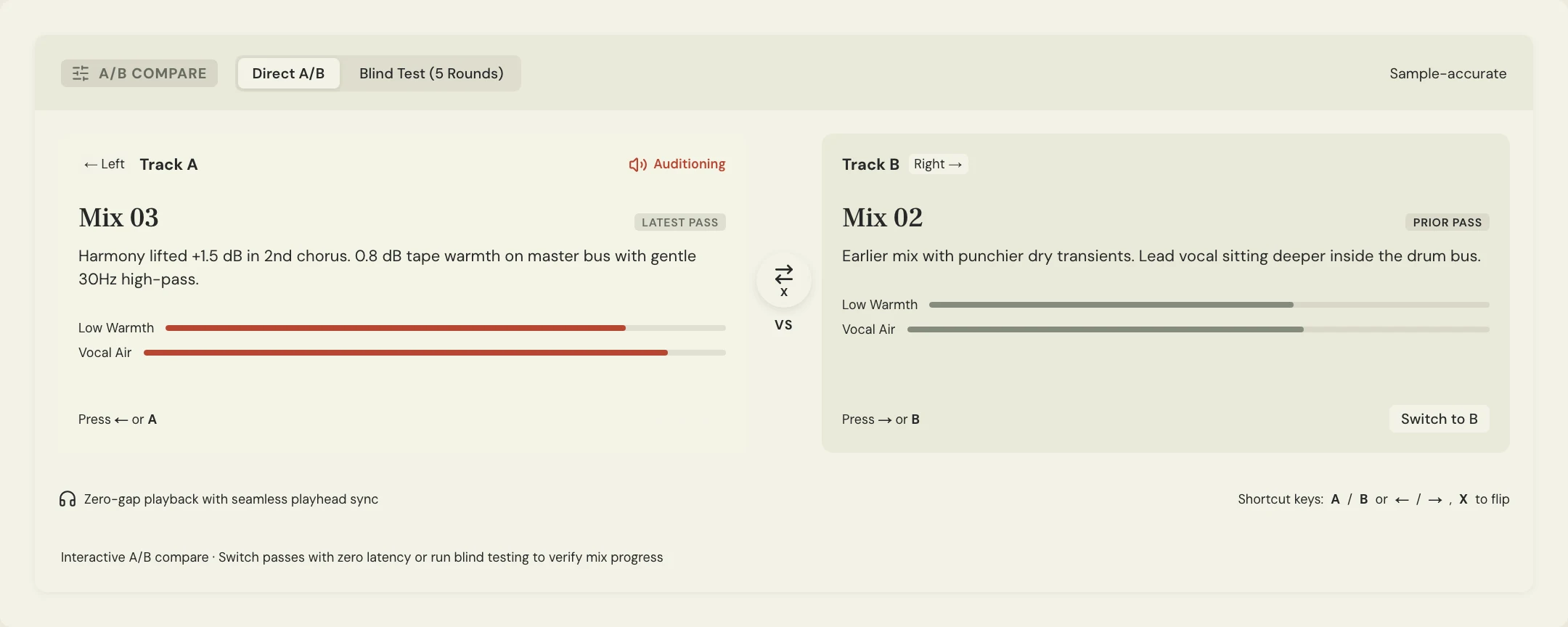 MixPass A/B comparison preview showing two audio passes, switching controls, and a blind-test tab.