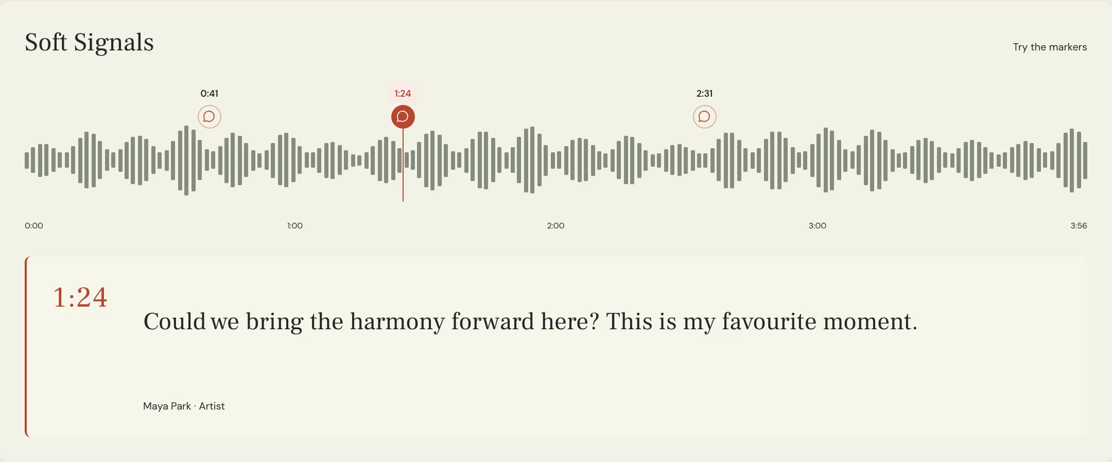 MixPass feedback preview with a waveform marker at 1:24 and an artist’s note about a chorus harmony.