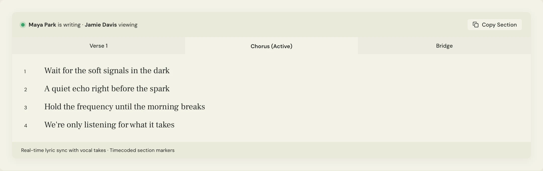 MixPass collaborative lyrics preview with verse, chorus, and bridge sections and a chorus lyric for Soft Signals.