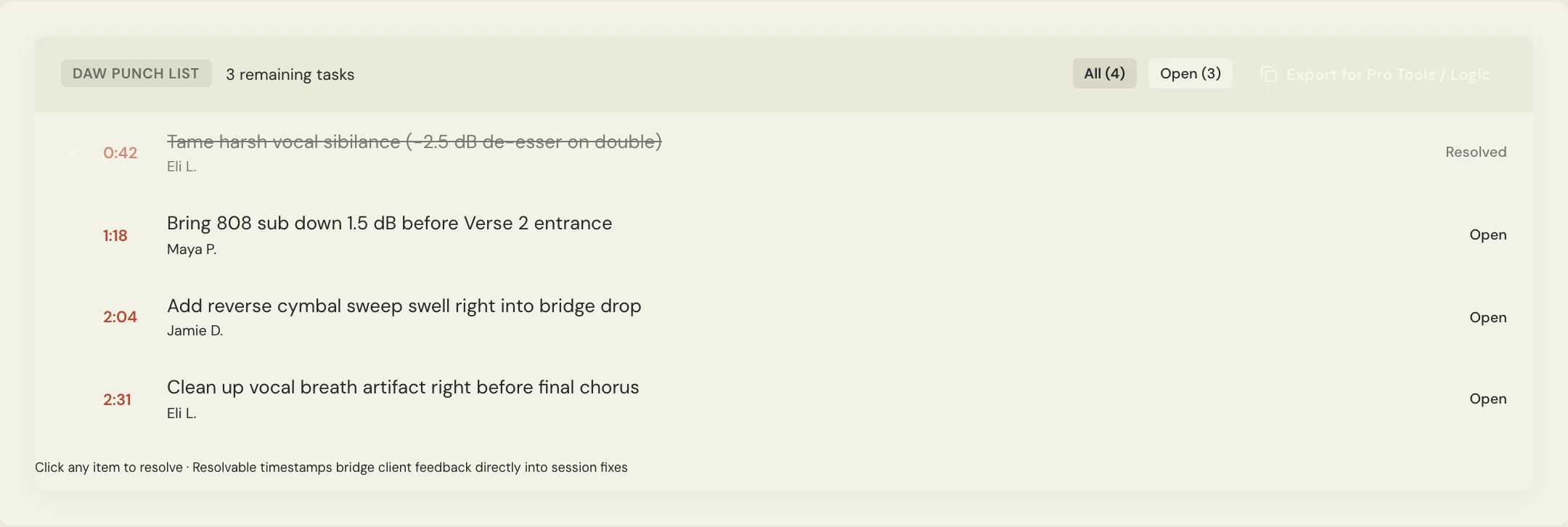 MixPass punch-list preview containing timestamped revision requests, open tasks, and completed items.