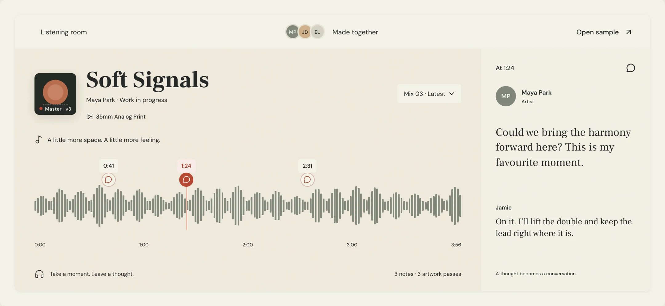 MixPass listening-room preview for Soft Signals, with a waveform, selected audio pass, collaborators, and timestamped conversation.