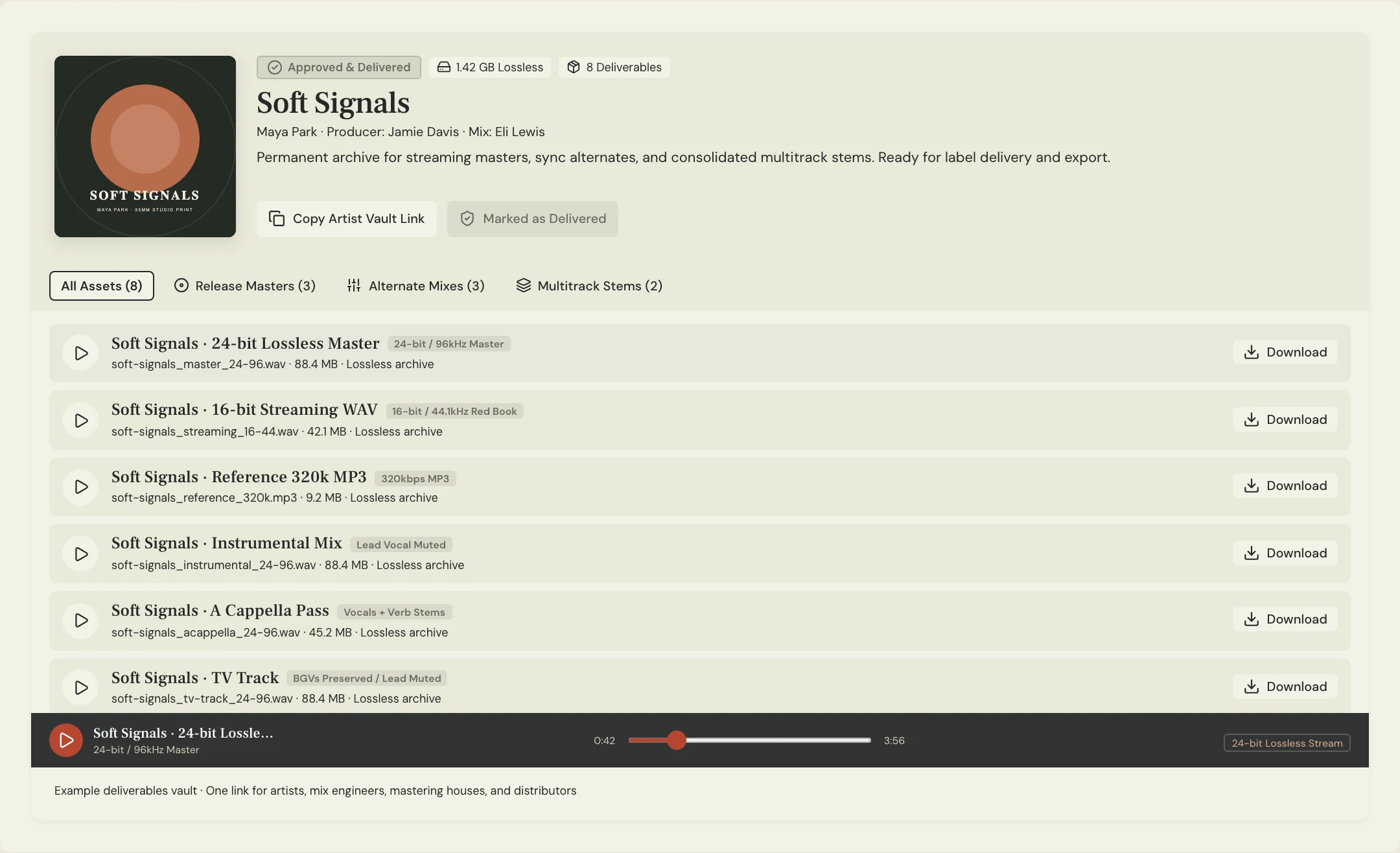 MixPass deliverables-vault preview with master, alternate, and stem categories and named final audio files.